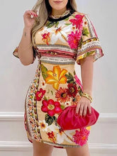 A woman wears a slim-fit, above-knee floral print dress with half sleeves and an O-neck.