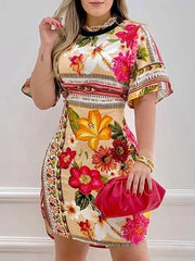 A woman wears a slim-fit, above-knee floral print dress with half sleeves and an O-neck.