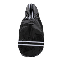 A black waterproof pet raincoat with a hood and reflective stripes on the back.