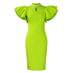 A lime green knee-length pencil dress with butterfly sleeves, a high collar, and beaded accents.