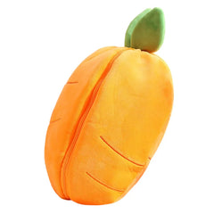 A plush orange carrot toy with green leaves on top and a visible zipper along the side.