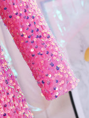 Cute Stylish Girls Pink Sequined Round-Neck Ceremonial Dress Spring Autumn Fashionable Kids' Special Occasion Outfit