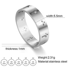 A silver stainless steel ring featuring a cutout cross pattern with size and dimension details.