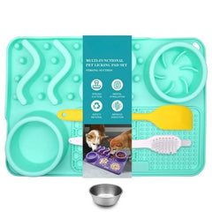 Slow Feeder Mat for Pets - Non-Toxic Silicone (Turquoise) Upgraded Anxiety and Boredom Relief Tool with Aluminum Bowl,17x11x2 in