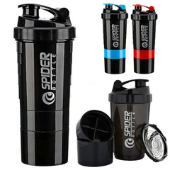 A black three-layer protein shaker bottle with a mixing whisk and storage compartments.