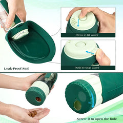 A portable green pet water bottle and food container with a leak-proof dispenser mechanism.
