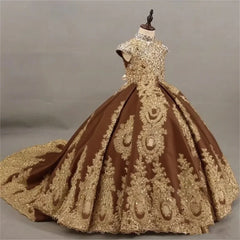 JDY Custom Girls' Sleeveless Ball Gown with Intricate Gold Lace Embroidery & Long Train - Elegant Princess Dress for Special Occ