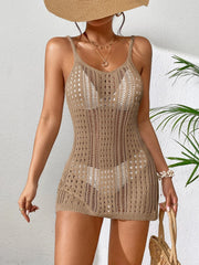 Knitting Hollow Out Texture Swimsuit Cover-Up Sleeveless Sexy See-Through Short Dress Women Summer Sunbathing Beachwear SHOWLU FASHION STORE
