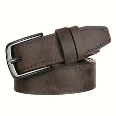 A dark brown men's casual belt with a black metal needle buckle and stitched edges.