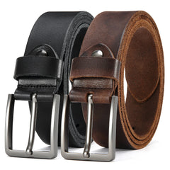 Two men's casual leather belts with metal needle buckles, shown in black and brown.