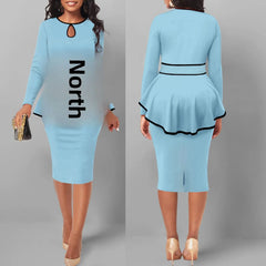 A light blue two-piece dress set featuring a long-sleeved peplum top with a keyhole neckline and a matching midi skirt with a side slit.