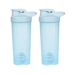 Two light blue 28 oz shaker bottles with lids and internal blender balls.