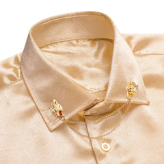 Hi-Tie Long Sleeve Mens Shirts Silk Brown Solid Lapel Green Black Red Beige Purple Pink Slim Fit Shirt Wedding Business Formal