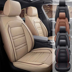A set of universal PU leather car seat covers shown in beige installed in a vehicle with color options displayed on the side.