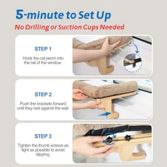 A three-step instructional graphic showing how to install a wooden cat window perch.