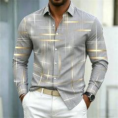 2026 men's shirt with fashionable printed lines, checkered long sleeved shirt, lapel, slim fit, business casual men's shirt