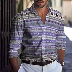 Hawaiian Men's Shirts Blue Plaid Color Block Button Up Shirts Casual Summer Beach Shirts Long Sleeve Lapel Comfortable Clothing