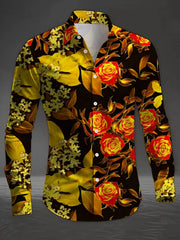 A men's long-sleeved button-up shirt featuring a vibrant 3D print of red roses and yellow foliage.