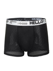 Men's Ice Silk Mesh Boxer Brief - "HELLO" Logo Waistband, Single Piece ( Black/Teal/Yellow/Gray) Underwear