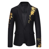 A black slim-fit men's blazer featuring gold floral hot stamping on the shoulder and sleeve.