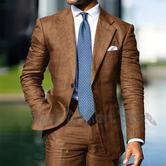 Blue Linen Single Breasted Men Suit Two Pieces(Jacket+Pants) Outfits Casual Party Prom Wedding Set