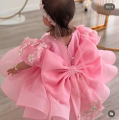 Pink Flower Girl Dress with Big Bow & Floral Details, First Communion & Wedding Party Gown for Toddlers فساتين اطفال