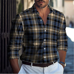 Hawaiian Men's Shirts Blue Plaid Color Block Button Up Shirts Casual Summer Beach Shirts Long Sleeve Lapel Comfortable Clothing