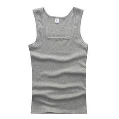 A grey men's sleeveless cotton tank top with a square neckline.