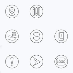A set of eight circular line art icons representing various functions for a smart tag tracker.