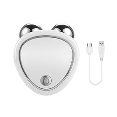 A white microcurrent facial massager with two silver rollers and a USB charging cable.