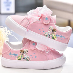Disney Girls Frozen Princess White PU Leather Bow White Casual Shoes Non-slip Soft Bottom Sports Casual Shoes For Girl Size 23-3 SHOWLU FASHION STORE