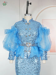 H&D African Sequin 2PCS Dress Set Stand Collar Top Puffy Mesh Sleeves Matching Maxi Skirt For Weddings Galas and Formal Parties