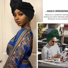 Two women wearing bubble cloth turbans with a large front knot in black and dark green.