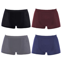 A set of four men's breathable mesh boxer briefs in black, maroon, grey, and blue.