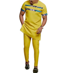 African Fashion Yellow Men's Set Outfits Short Sleeve Tops Patch Trousers Nigerian Print Male Pant Suits Party Wear Customized