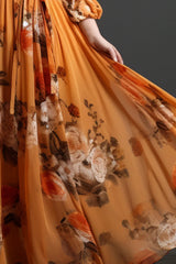 Flycurvy Plus Size Wedding Guest Orange Chiffon Floral Print Wrap Lantern Sleeve Lace-Up Maxi Dress SHOWLU FASHION STORE