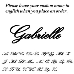 A font style chart for a custom name necklace showing the name Gabrielle in cursive script.