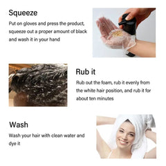An instructional graphic showing three steps to apply Meidu hair dye shampoo.