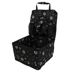Black portable dog car seat with paw and bone print and storage pockets.