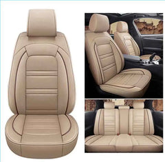 A full set of beige PU leather car seat covers for front and rear seats.