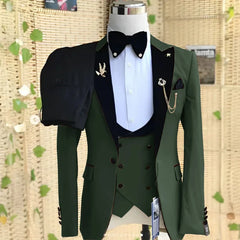 Beige Formal Men Suit 3 Pieces Tuxedos Peaked Lapel Groomsmen Wedding Suits Set Fashion Male Party Business Blazer Pants Vest