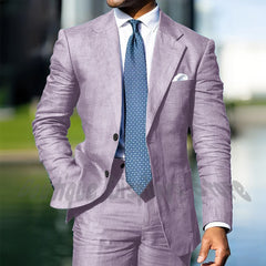 Blue Linen Single Breasted Men Suit Two Pieces(Jacket+Pants) Outfits Casual Party Prom Wedding Set
