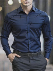 2025 new men's shirts, geometric lines 3D printing long-sleeved men's casual lapel tops, business office large size clothing