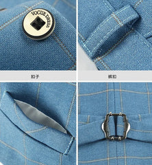 Close-up views of a blue plaid formal suit for boys, showing the button, belt loop, pocket, and adjustable back buckle.