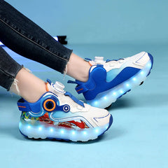 Children Four Wheels Luminous Glowing Sneakers Black Pink Led Light Roller Skate Shoes Kids Led Shoes Boys Girls USB Charging SHOWLU FASHION STORE