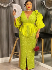 Plus Size African Party Dresses for Women Dashiki Sequin Sexy Bodycon Slit Long Dress Elegant Turkey Muslim Wedding Evening Gown