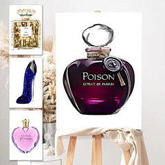 A collection of modern wall art prints featuring illustrations of various designer perfume bottles.