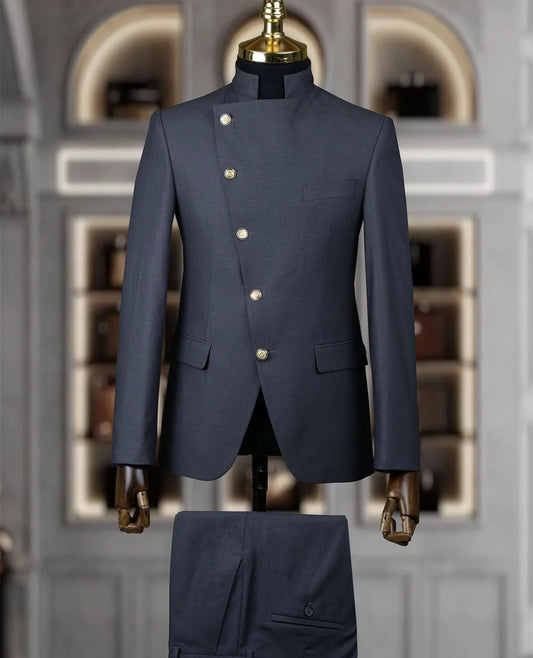 Fashion Stand Collar Men Suits 2 Piece Formal Single Breasted Smart Casual Outfits Solid Color Chic Wedding Party Slim Male Suit