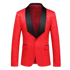 A vibrant red men's suit jacket featuring a black shawl lapel and a single-button closure.