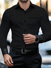 Men's Business Color Block Collar Long Sleeve Shirt, Slim Fit, Wrinkle-Free, Black and White Patchwork Shirt, Men's Fashion Top
